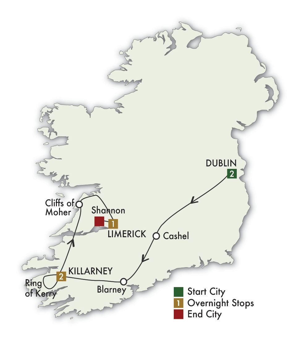 6 Day Taste Of Ireland - Tour B Itinerary Map